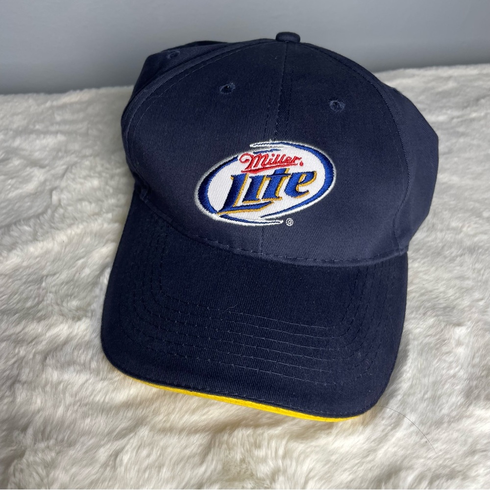 NWOT Miller Lite Beer Embroidered Logo Adjustable Hat Navy Blue Yellow Cap.